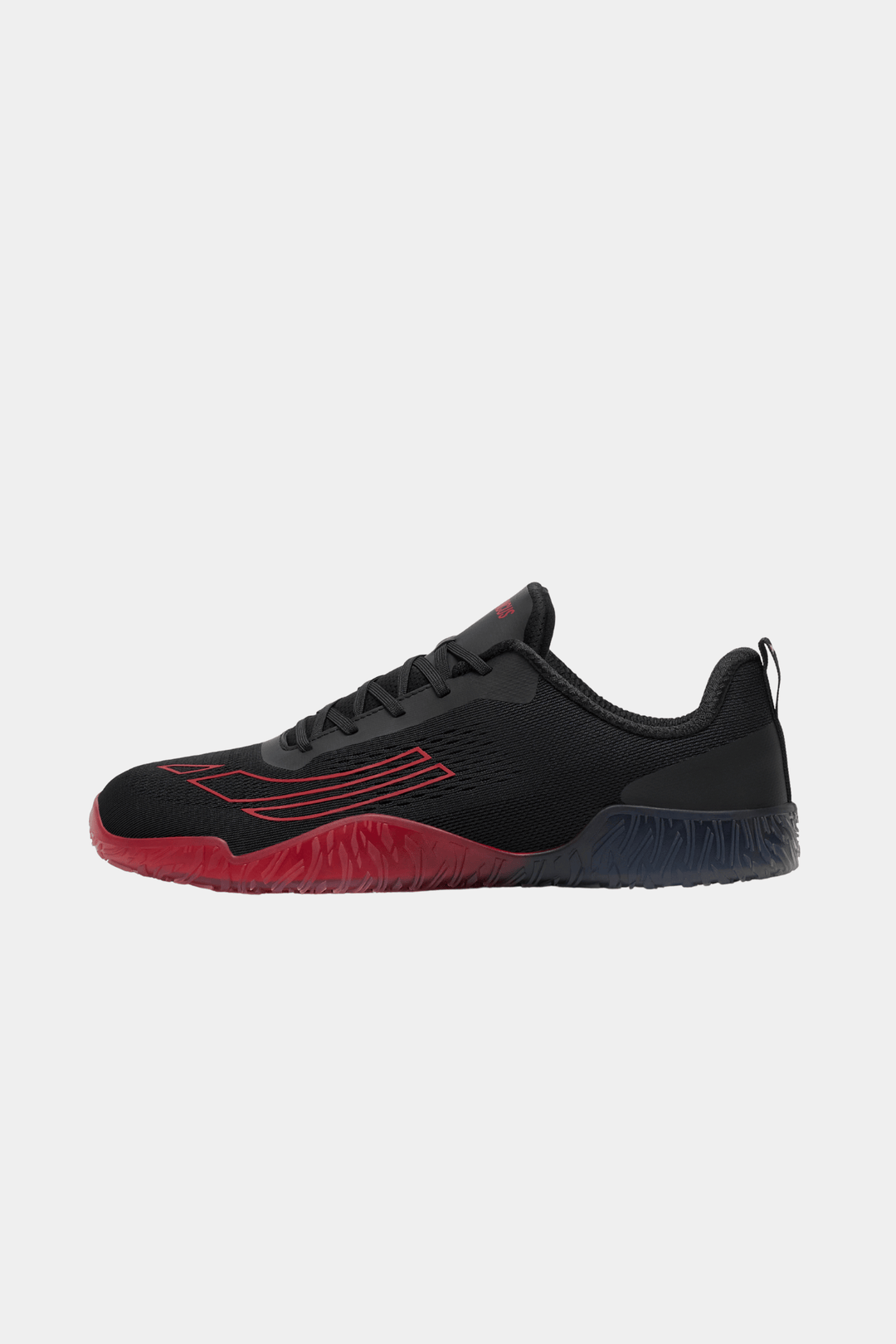 Black and red athletic shoe on a white background