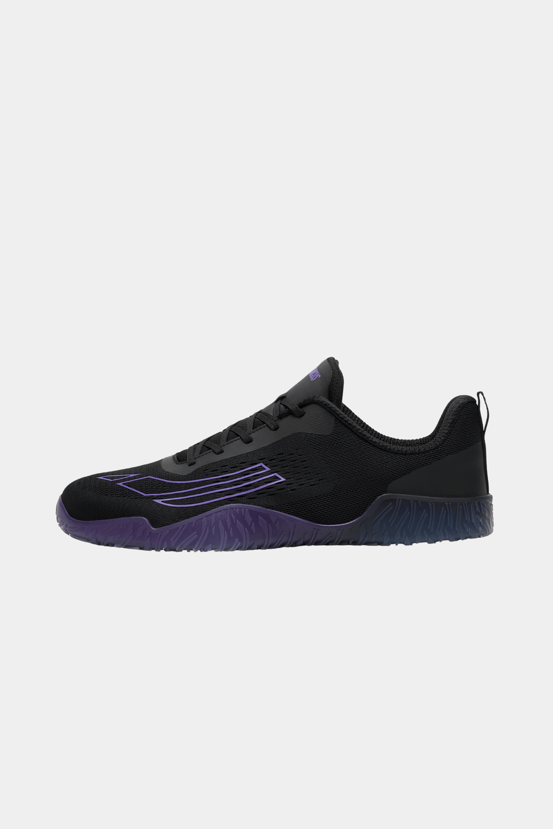 Black and purple athletic shoe on a white background