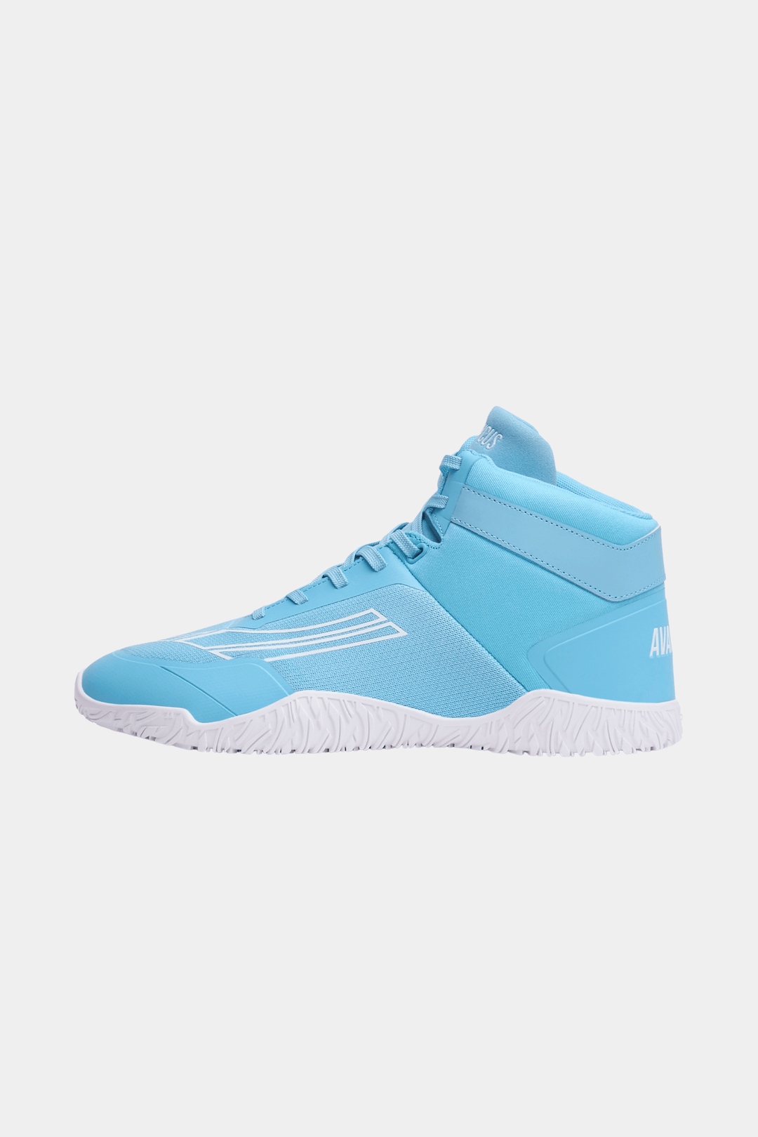 Light blue high-top sneaker with white sole on a light gray background for powerlifting